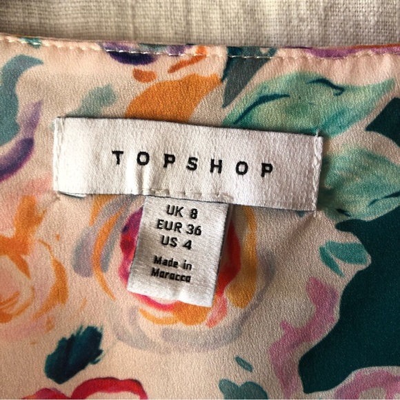 TOPSHOP floral deep v neck dress with flare skirt green pink and gold size 4 - Picture 3 of 9